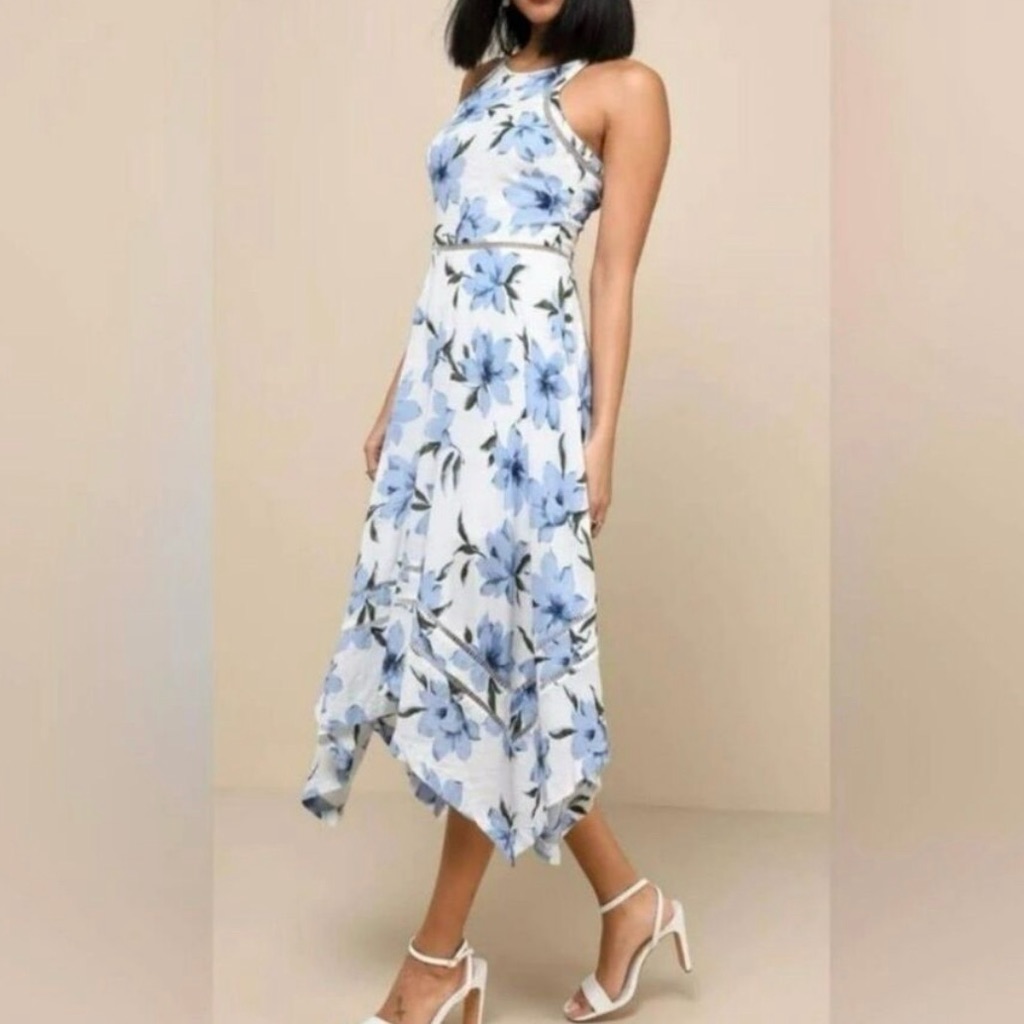 Lulu's White Halter Dress With Blue Floral Print